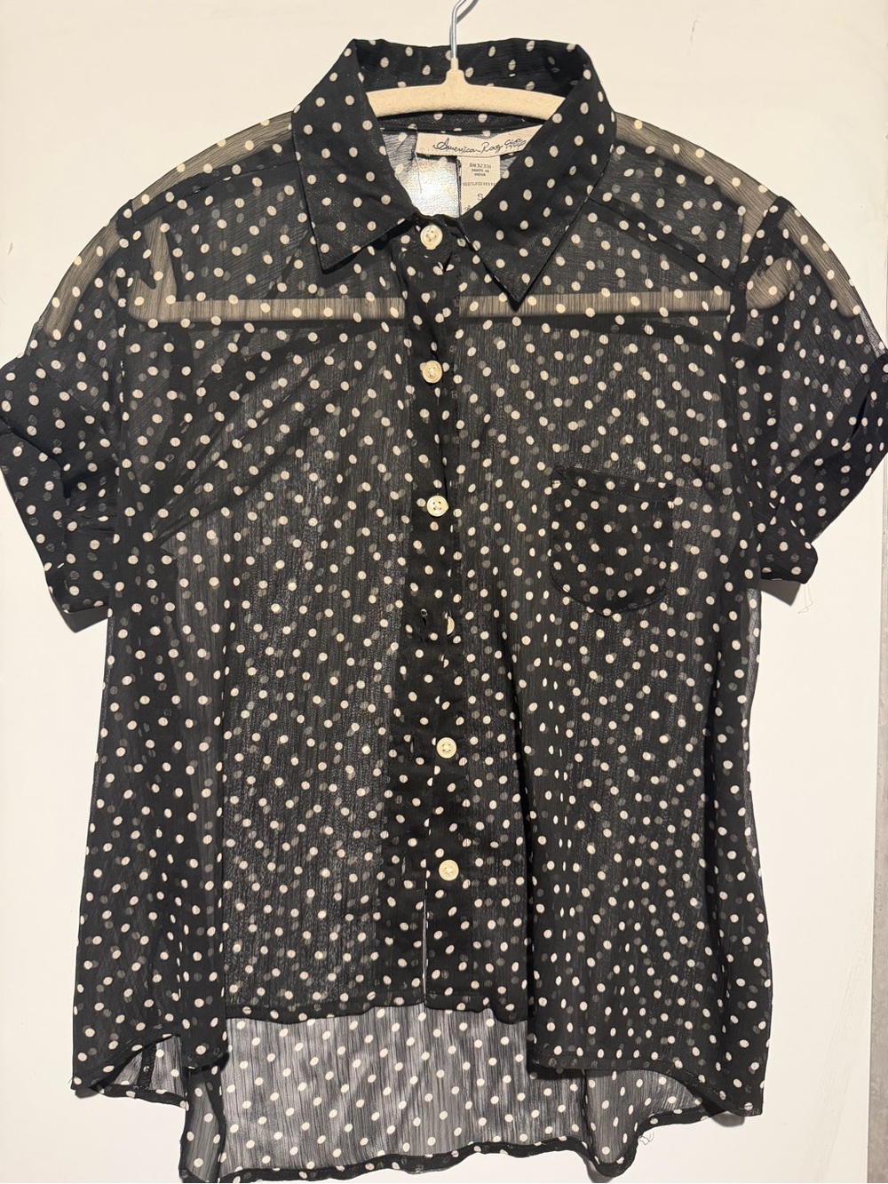 American Rag Black Sheer Polka Dot Button-Down Shirt